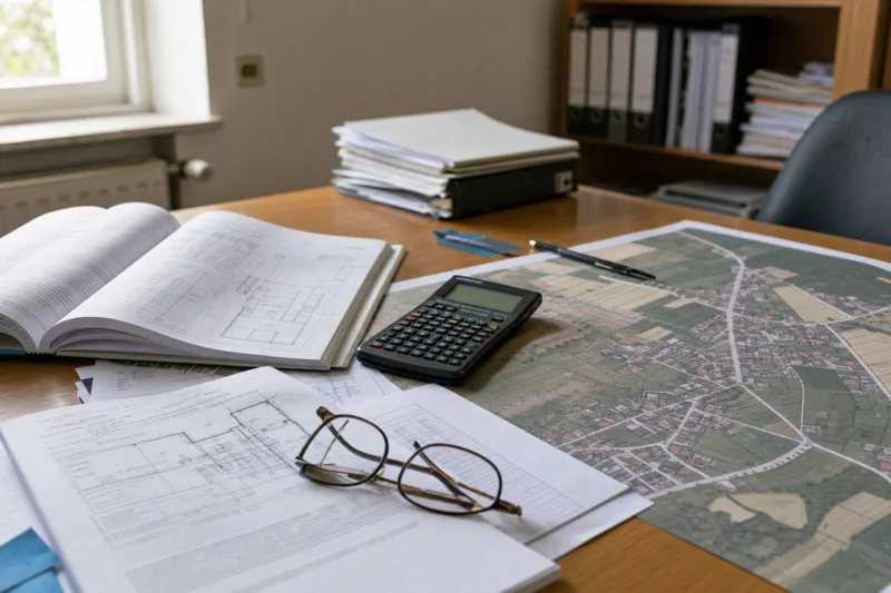 Schreibtisch eines Immobiliensachverständigen mit Grundriss, Katasterkarte und Bewertungsunterlagen